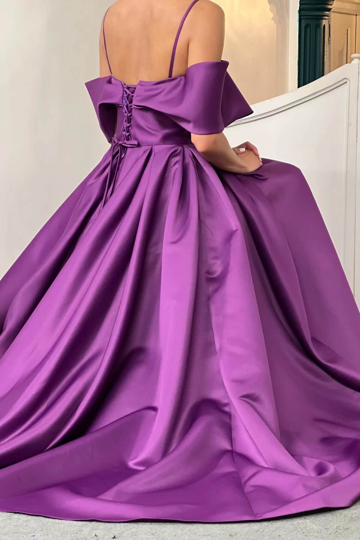 Purple Off-the-Shoulder Elegant Prom Dress with A-Line and Pockets | Ballbella