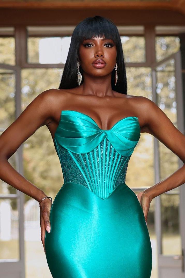 Stunning Jade Satin Sleeveless Sweetheart Long Mermaid Prom Dress with Sequins | Ballbella