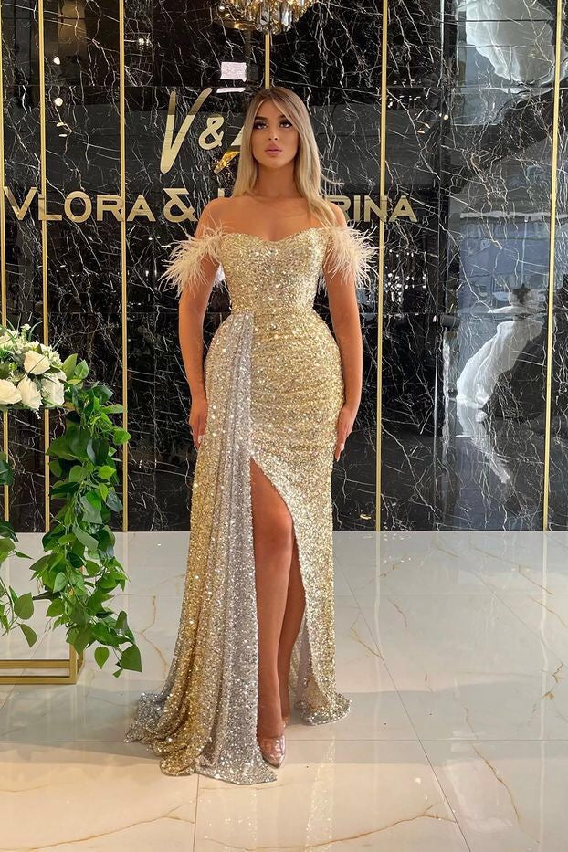 Off-the-Shoulder Sequins Mermaid Prom Dress with Split and Ruffles | Ballbella