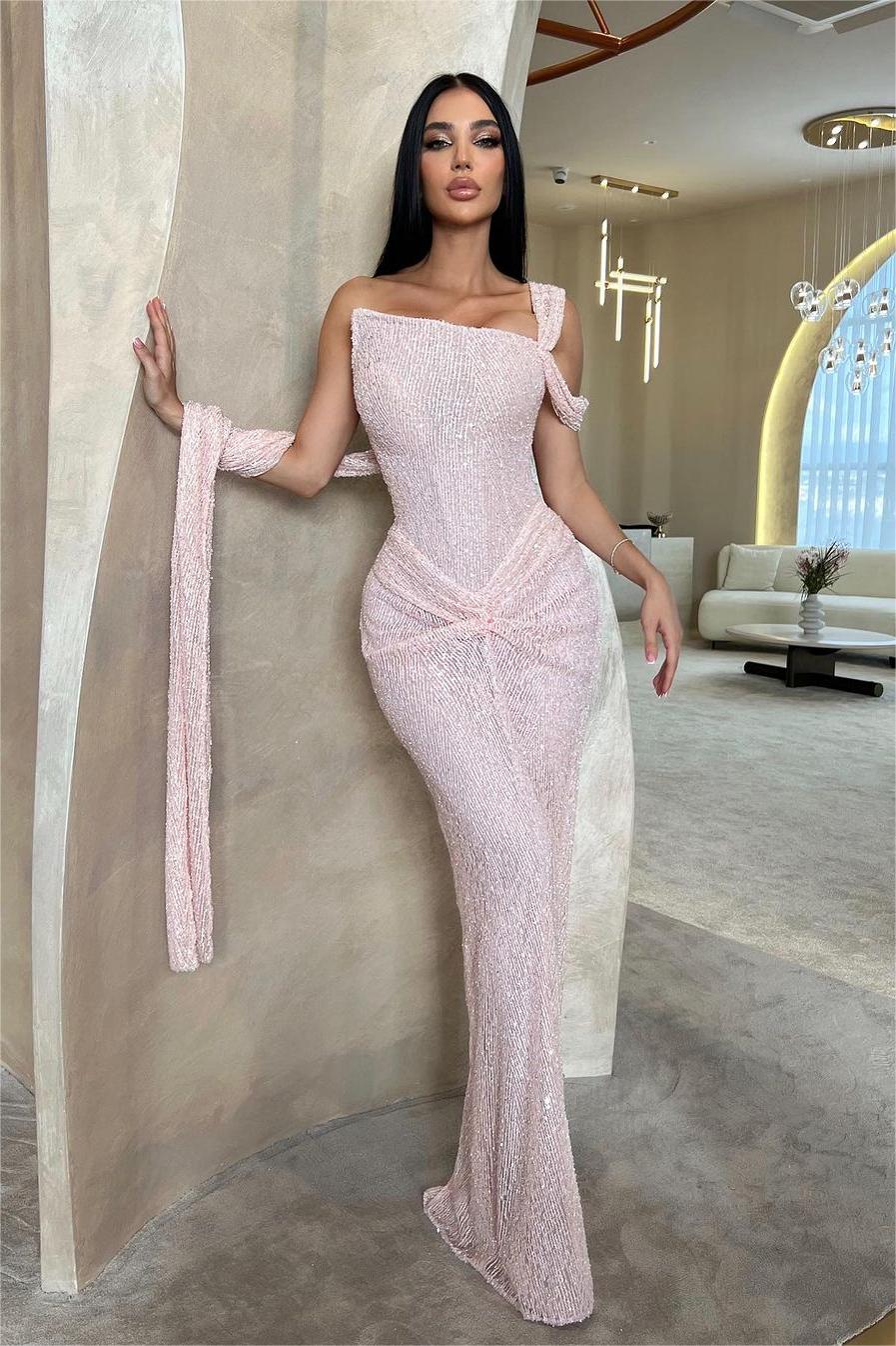 Stunning Pink Sequins One-Shoulder Sleeveless Prom Dress with Pleats | Ballbella