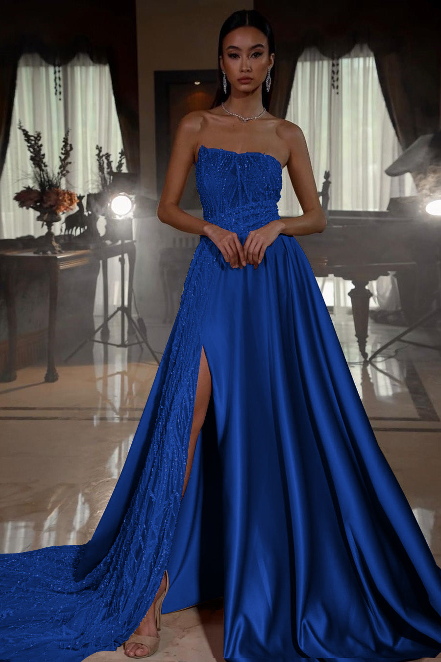 Pink Sleeveless Strapless Sequins A-Line Prom Dress with Split | Ballbella
