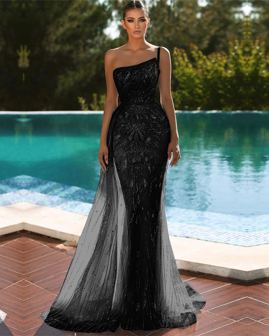 Sky Blue One-Shoulder Tulle Mermaid Evening Dress with Sequins and Beadings | Ballbella