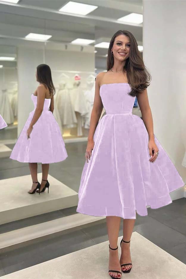 Modest Strapless Sleeveless Black Tea-Length Prom Dress | Ballbella