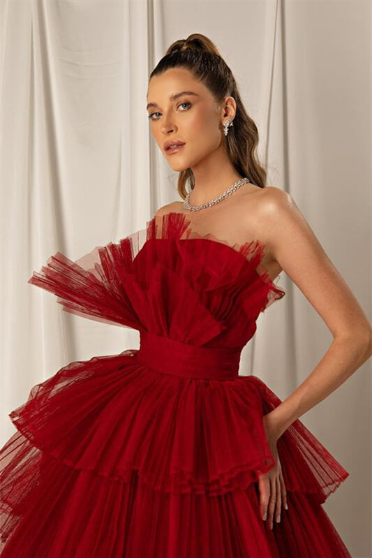 Strapless Burgundy Mermaid Sleeveless Layered Evening Dress, Online | Ballbella