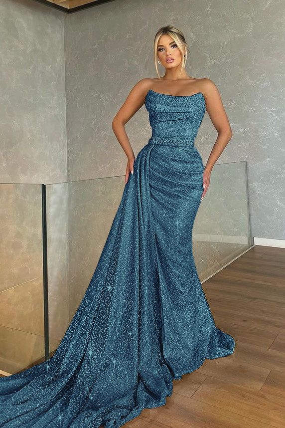 Strapless Baby Blue Sleeveless Mermaid Prom Dress with Beadings and Sequins | Ballbella