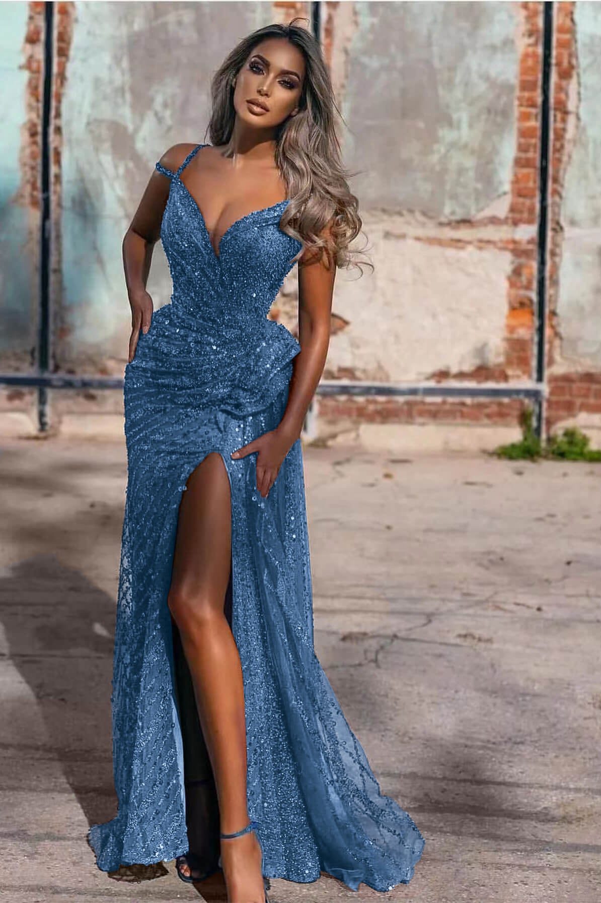 Sequins Royal Blue Off-the-Shoulder Evening Dress with Split Mermaid | Ballbella