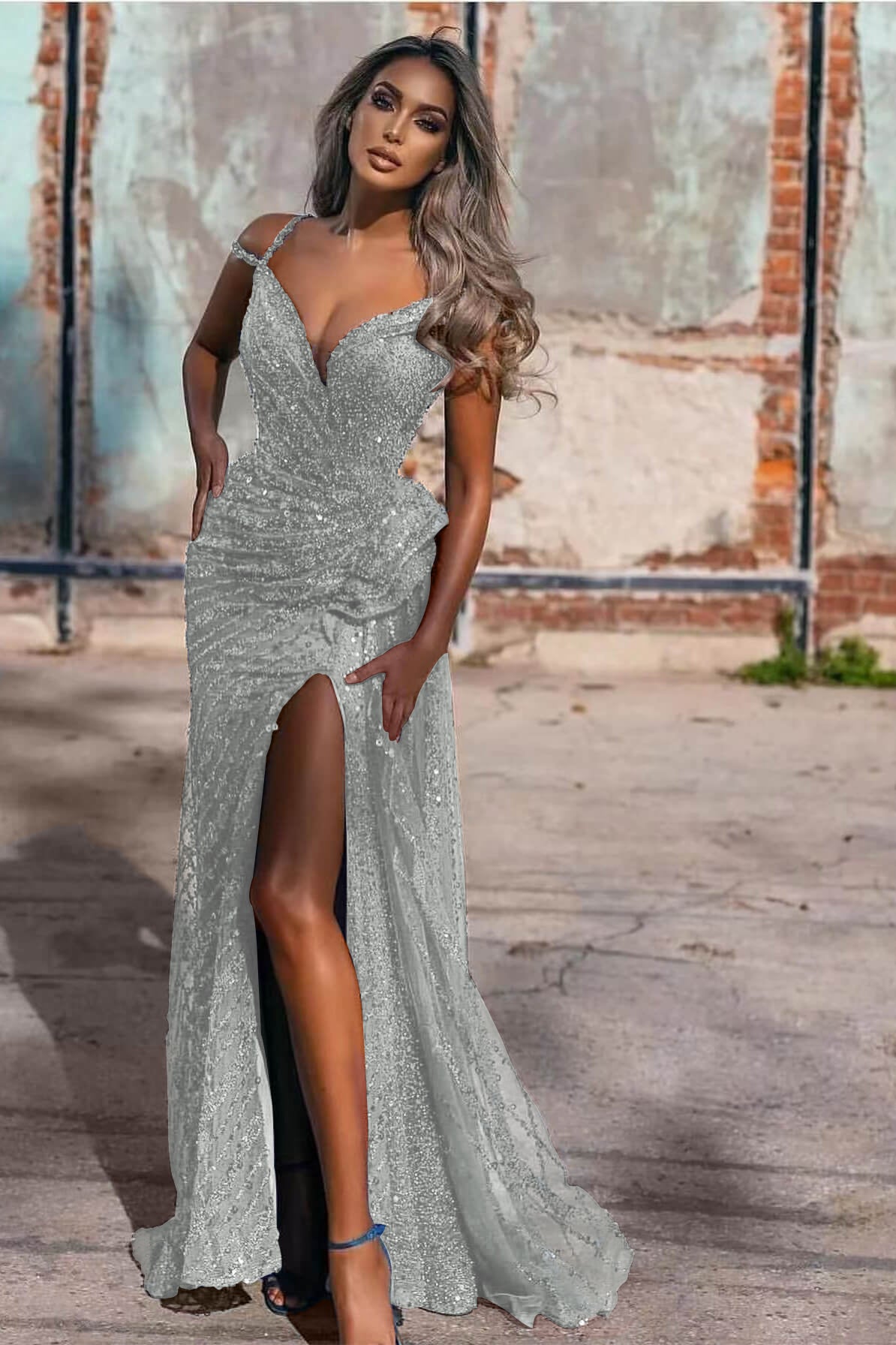 Sequins Royal Blue Off-the-Shoulder Evening Dress with Split Mermaid | Ballbella
