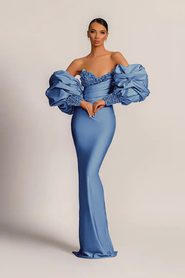 Purple Long-Sleeve Beaded Mermaid Evening Dress with Sequins | Ballbella