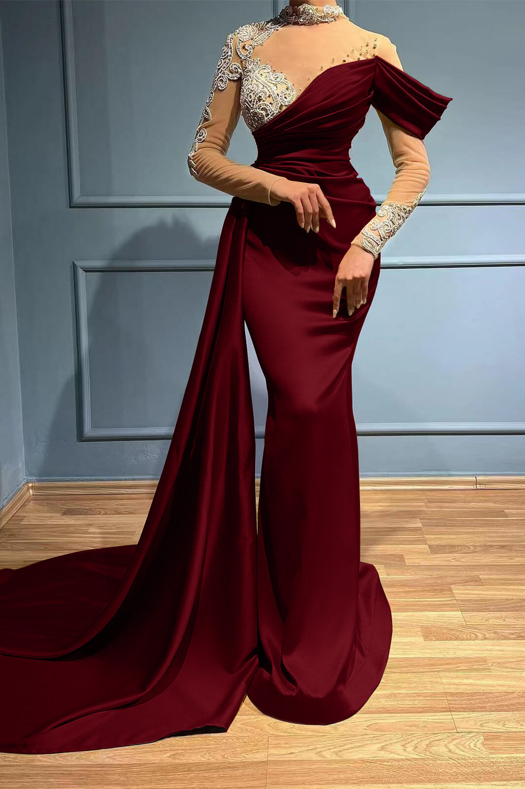 Mermaid High Neck Long-Sleeve Evening Dress with Appliques, Long Ruffles | Ballbella