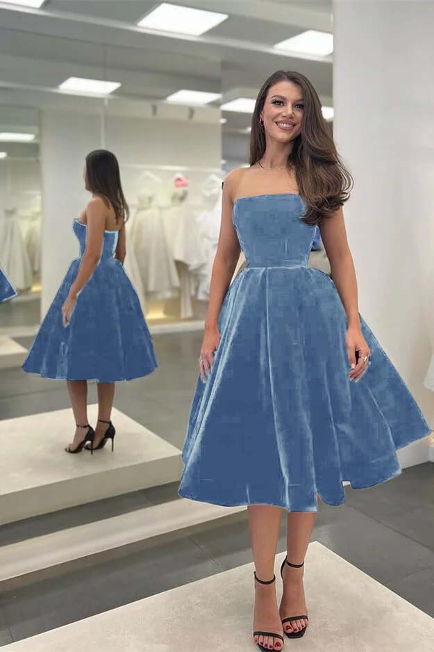 Modest Strapless Sleeveless Black Tea-Length Prom Dress | Ballbella
