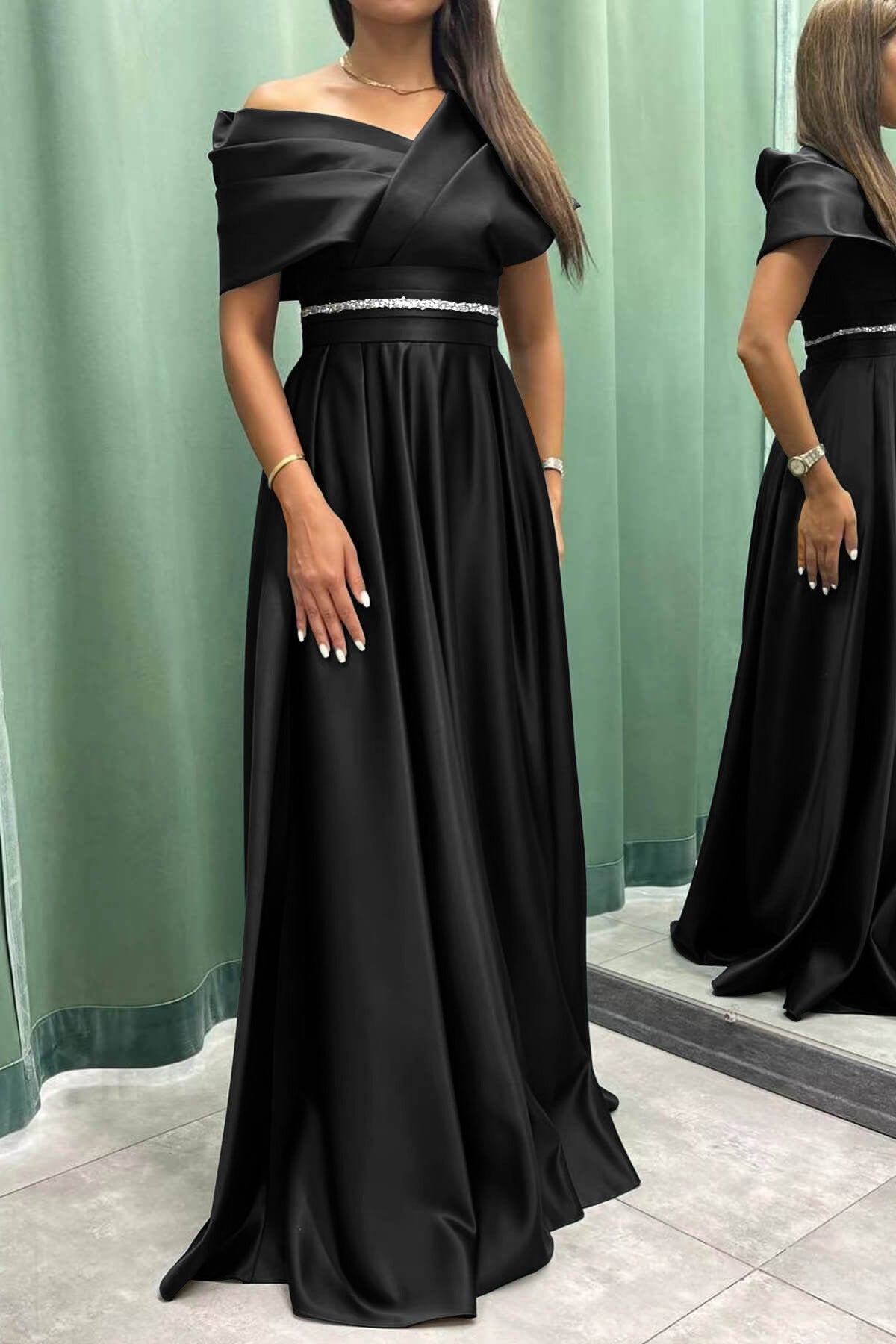 Off-the-Shoulder Elegant Long Evening Dress with Pleats | Ballbella