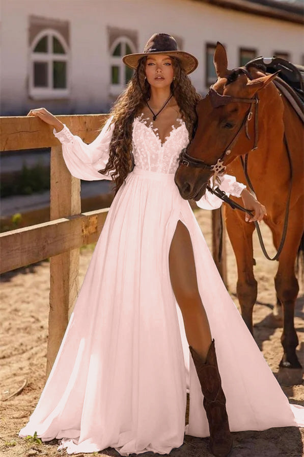 Vintage White V-Neck Split Evening Dress with Long Sleeves and Sheer Straps | Ballbella