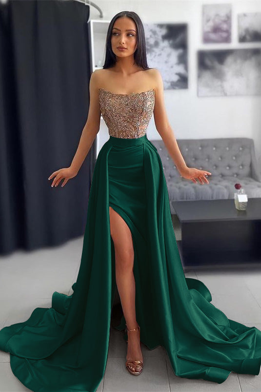 Simple Dark Pink Strapless Lace Appliques Slit Mermaid Prom Dress with Ruffles | Ballbella