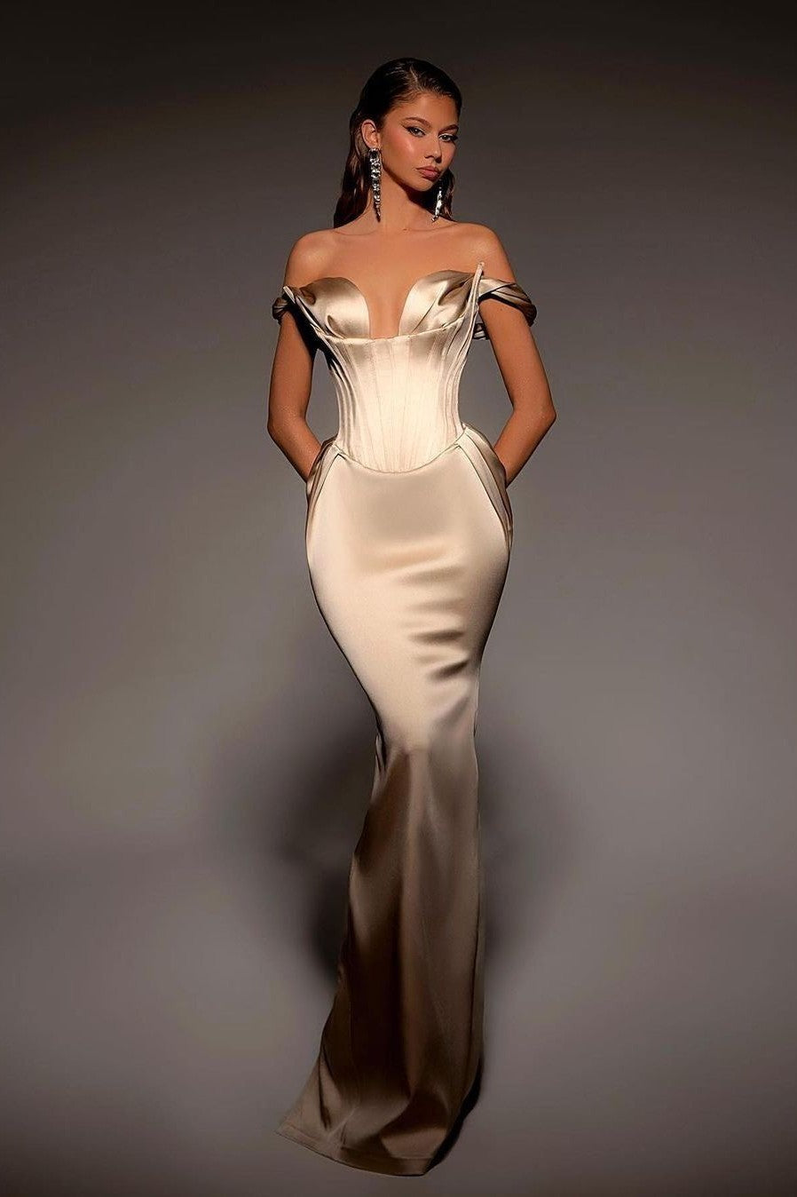 Off-the-Shoulder Gold Mermaid Prom Dress with Vintage Flair | Ballbella