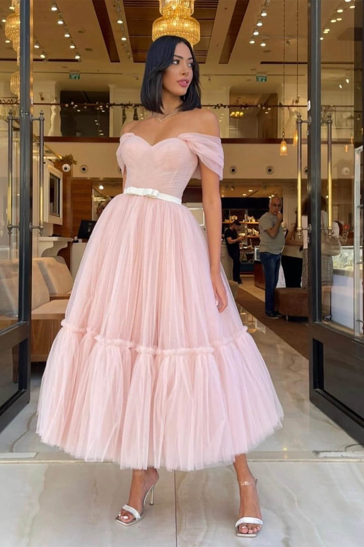 Sweetheart Light Pink Off-the-Shoulder Tulle Prom Dress with Belt | Ballbella