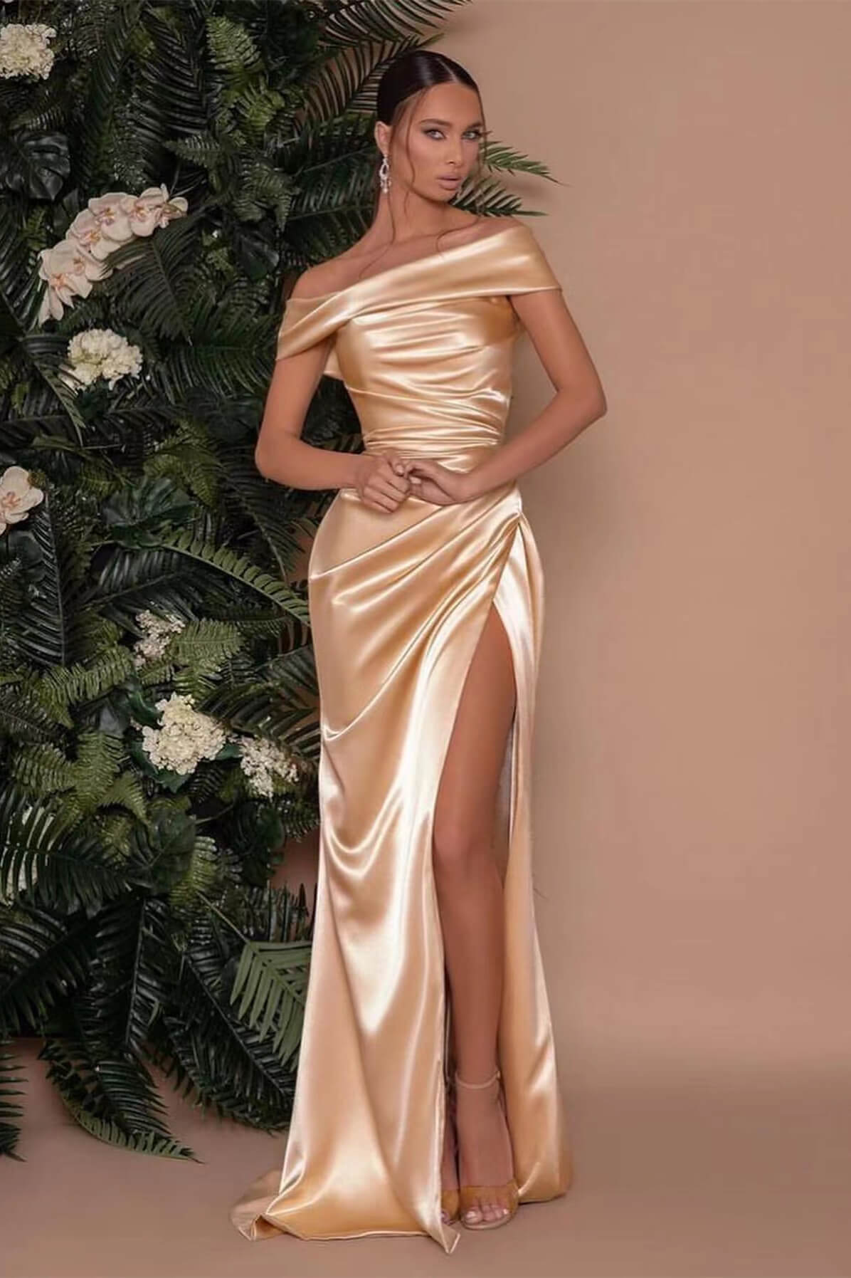 Off-the-Shoulder Champagne Charmeuse Prom Dress with Split Mermaid | Ballbella