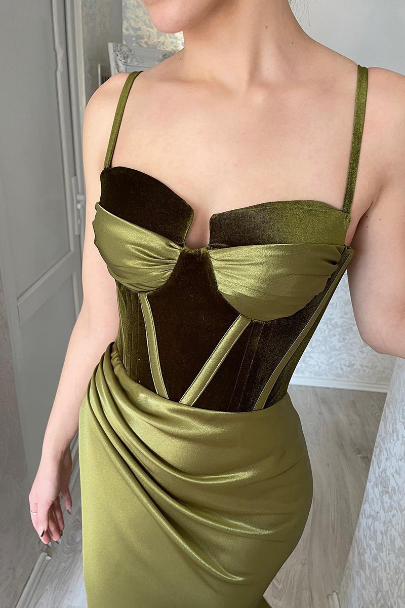 Pretty Olive Green Mermaid Prom Dress with Spaghetti Straps & Slit | Ballbella