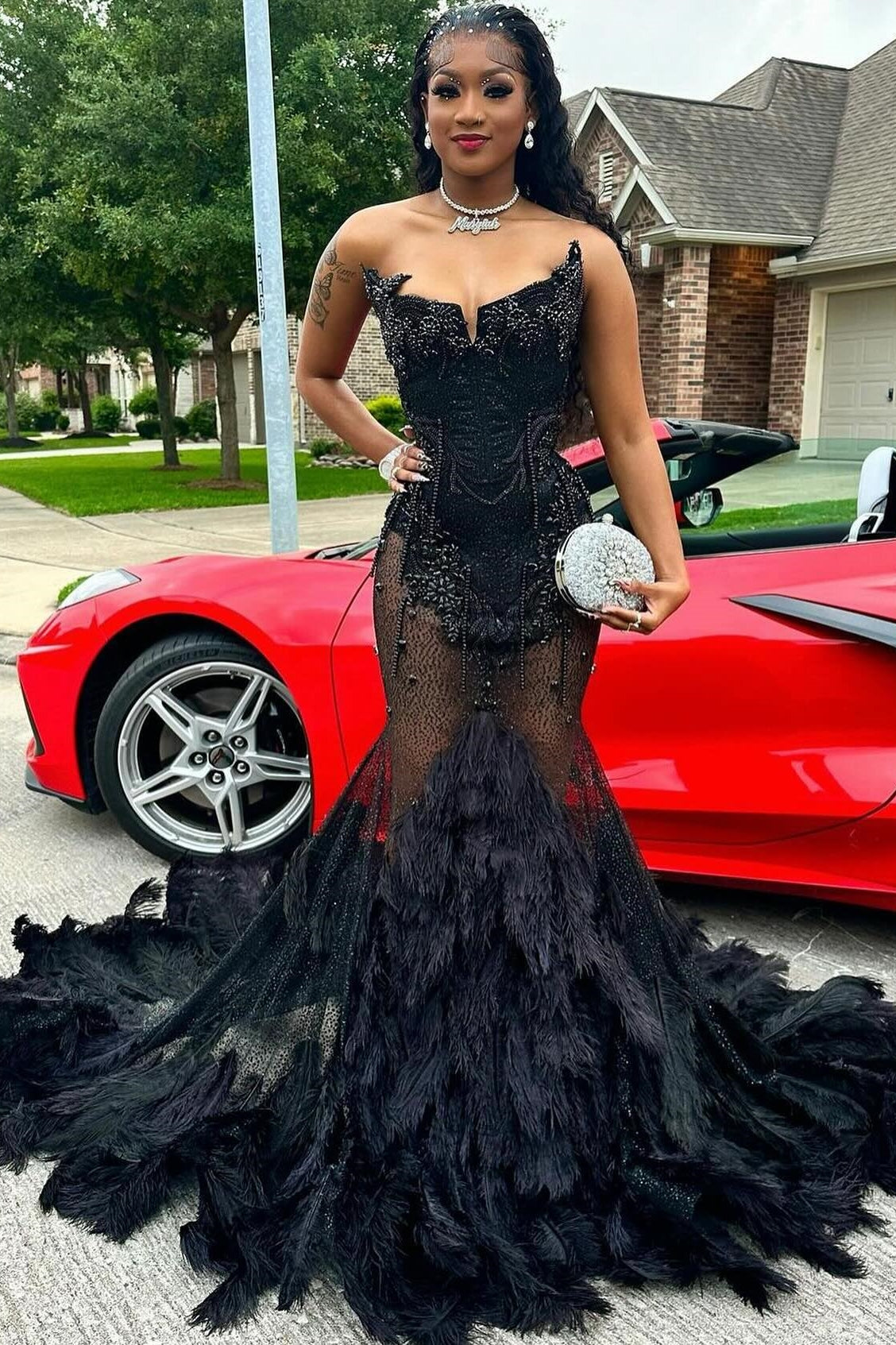 Sexy Black Sweetheart Mermaid Crystal Prom Dress with Fur