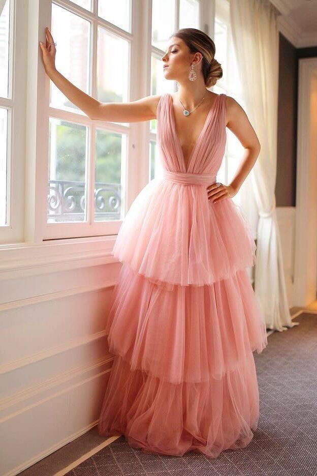 Amazing Blushing Pink Tulle Spaghetti Strap Prom Dress with Ruffles | Ballbella