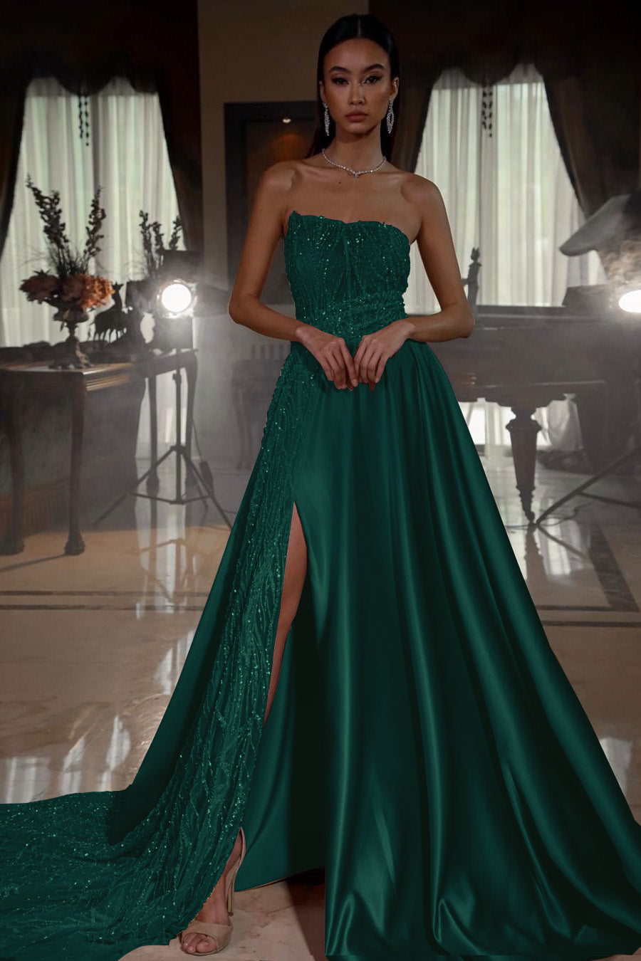 Pink Sleeveless Strapless Sequins A-Line Prom Dress with Split | Ballbella