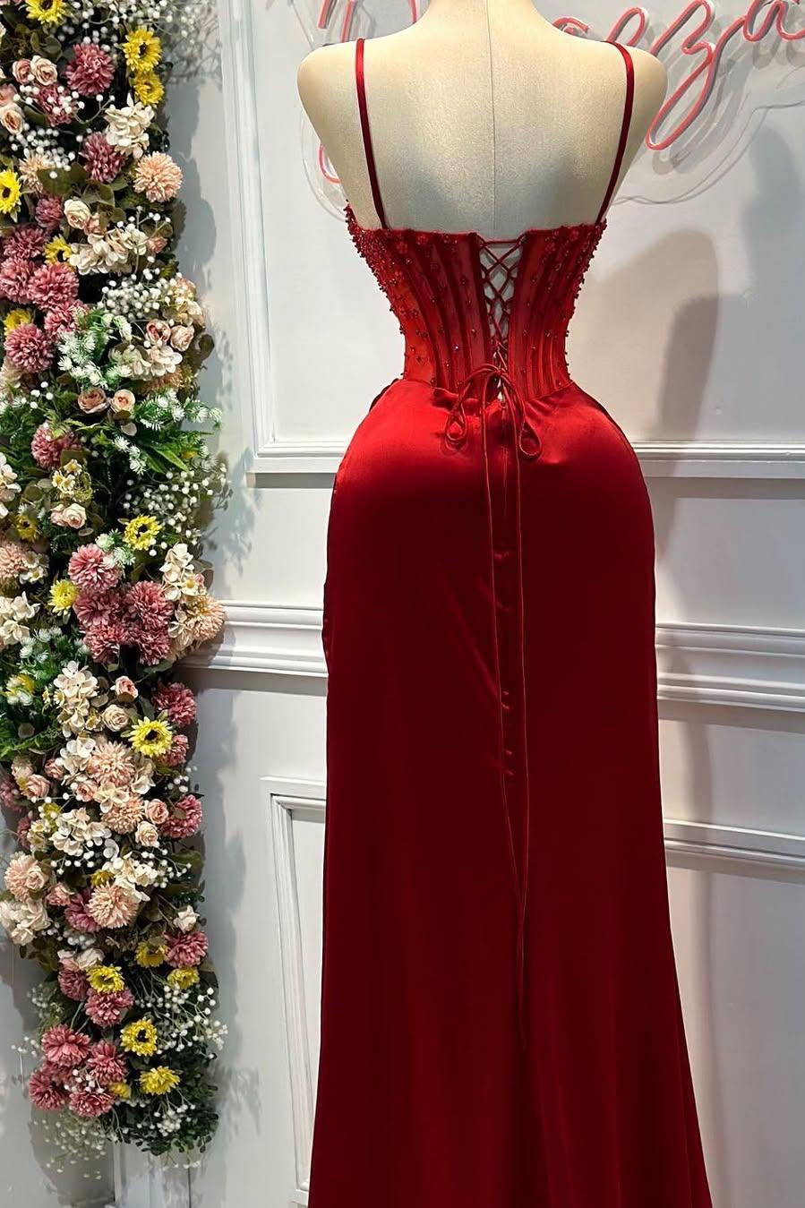 Shining Red Satin Spaghetti Strap Sweetheart Split Prom Dress with Beadings | Ballbella