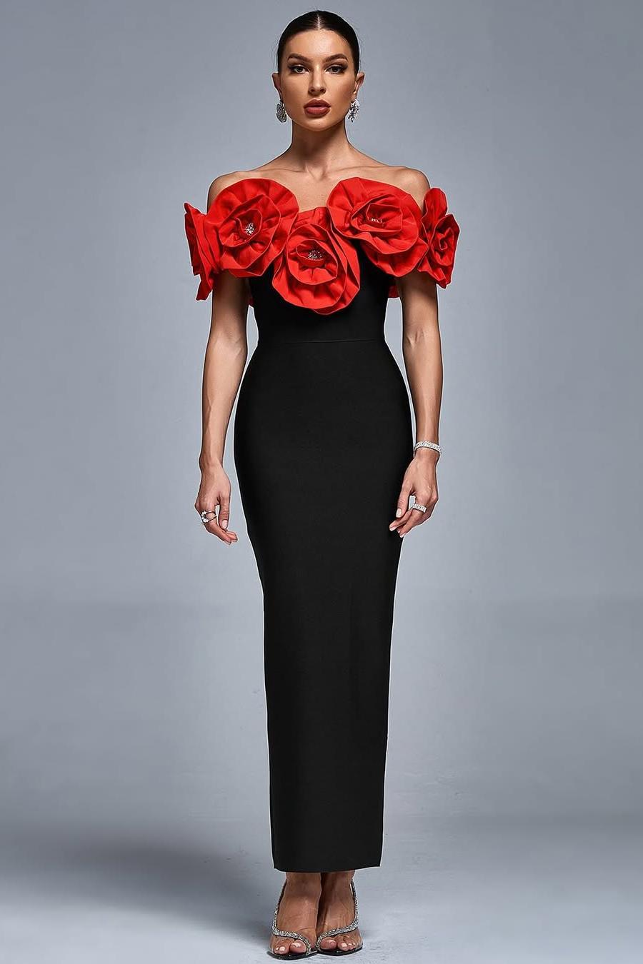 Exquisite Black Sleeveless Off-the-Shoulder Mermaid Prom Dress with Flower | Ballbella
