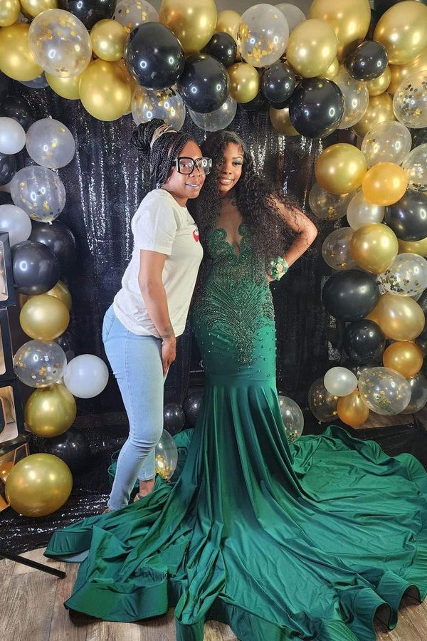 Dark Green Sequins Mermaid Prom Dress with Beaded Appliques | Ballbella