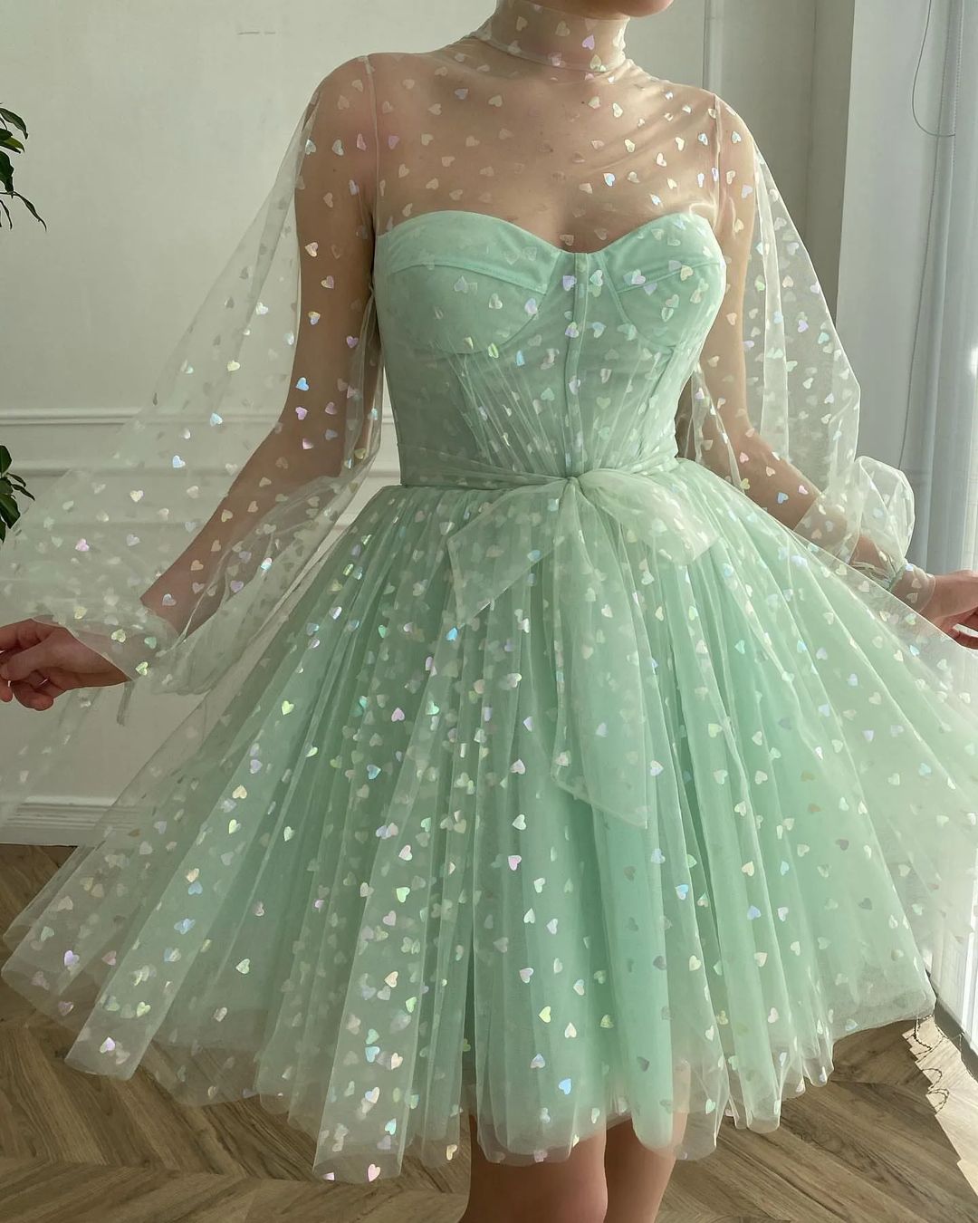 Mint Green Glitter Sweetheart Short Prom Dress with Lace Sequins | Ballbella