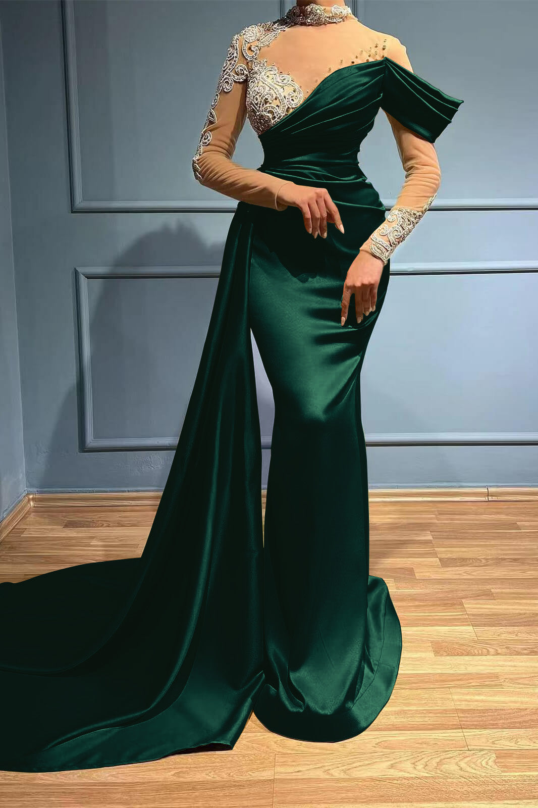 Mermaid High Neck Long-Sleeve Evening Dress with Appliques, Long Ruffles | Ballbella