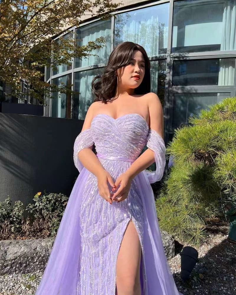 Off-the-Shoulder Sky Blue Sequins Prom Dress with Slit | Ballbella