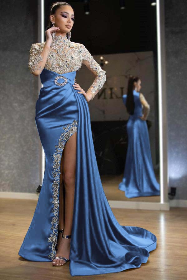 Royal Blue Beaded Long-Sleeve Mermaid Prom Dress with Split and Ruffles | Ballbella