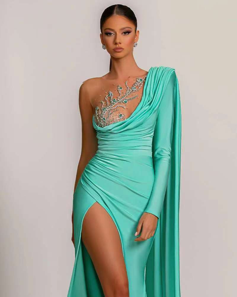 One-Shoulder Long Sleeve Mermaid Prom Dress with Beads and Slit | Ballbella