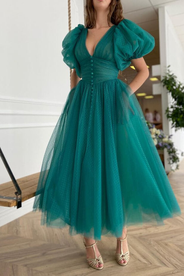 V-Neck Dark Green Evening Dress A-Line with Short Sleeves | Ballbella