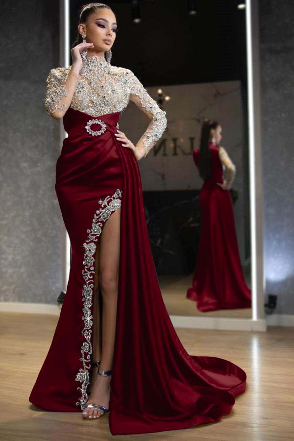 Royal Blue Beaded Long-Sleeve Mermaid Prom Dress with Split and Ruffles | Ballbella