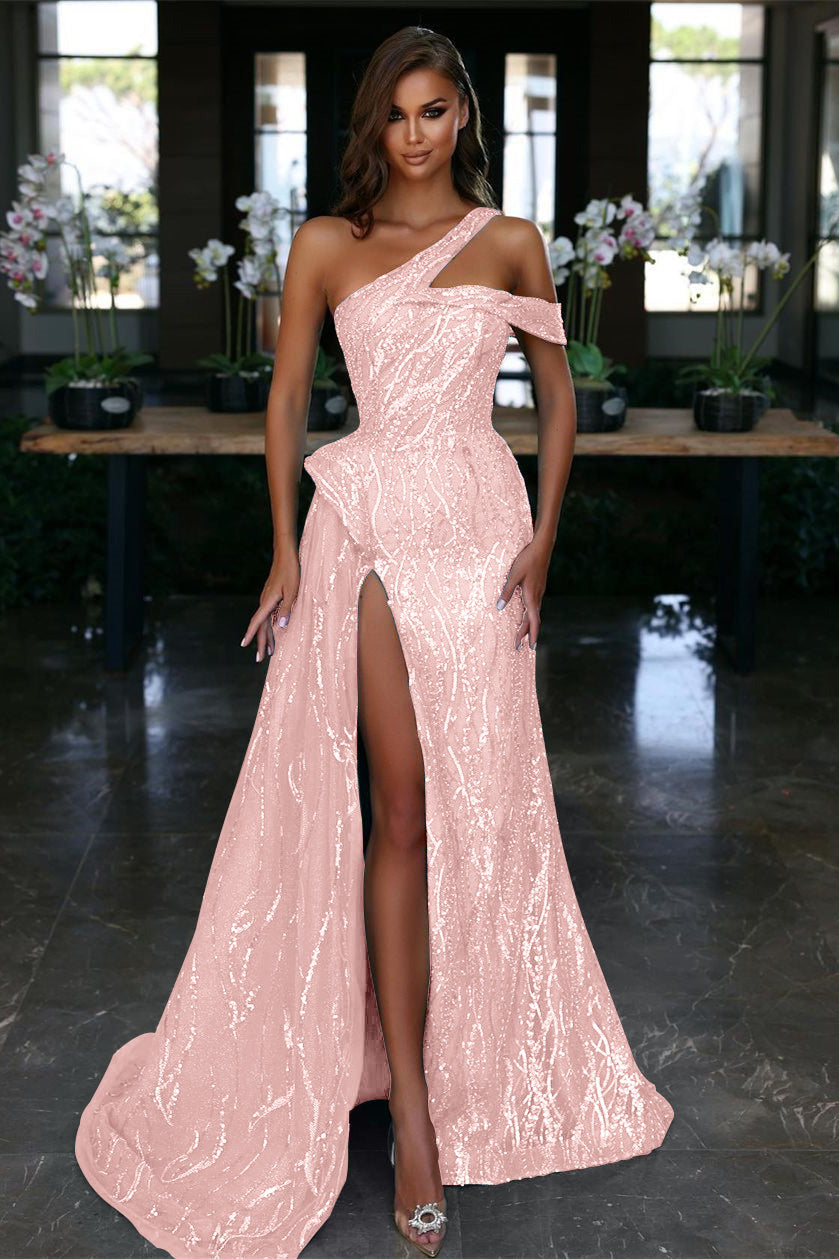 Ocean Blue One-Shoulder Off-the-Shoulder Prom Dress with Sequins and Slit | Ballbella
