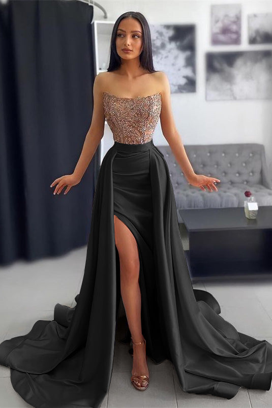 Simple Dark Pink Strapless Lace Appliques Slit Mermaid Prom Dress with Ruffles | Ballbella