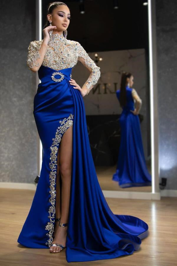 Royal Blue Beaded Long-Sleeve Mermaid Prom Dress with Split and Ruffles | Ballbella