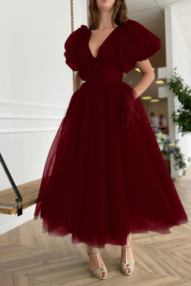 V-Neck Dark Green Evening Dress A-Line with Short Sleeves | Ballbella