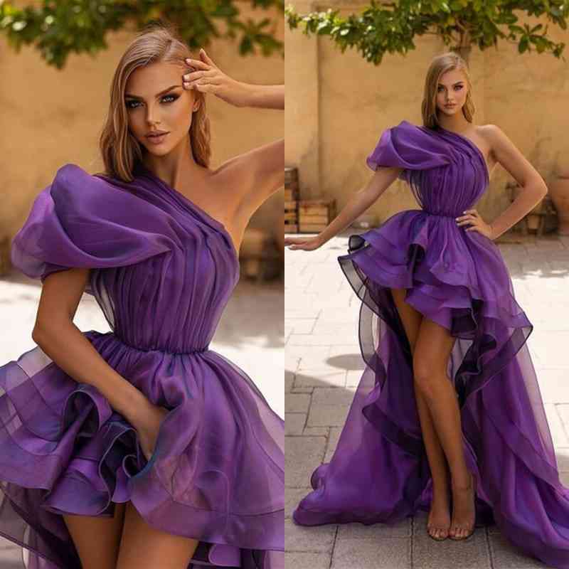 One-Shoulder Dark Purple Hi-Lo Short Prom Dress with Long Ruffles | Ballbella