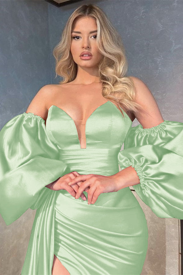 V-Neck Shiny Detachable Sleeves Evening Split Prom Dress with Long Ruffles | Ballbella