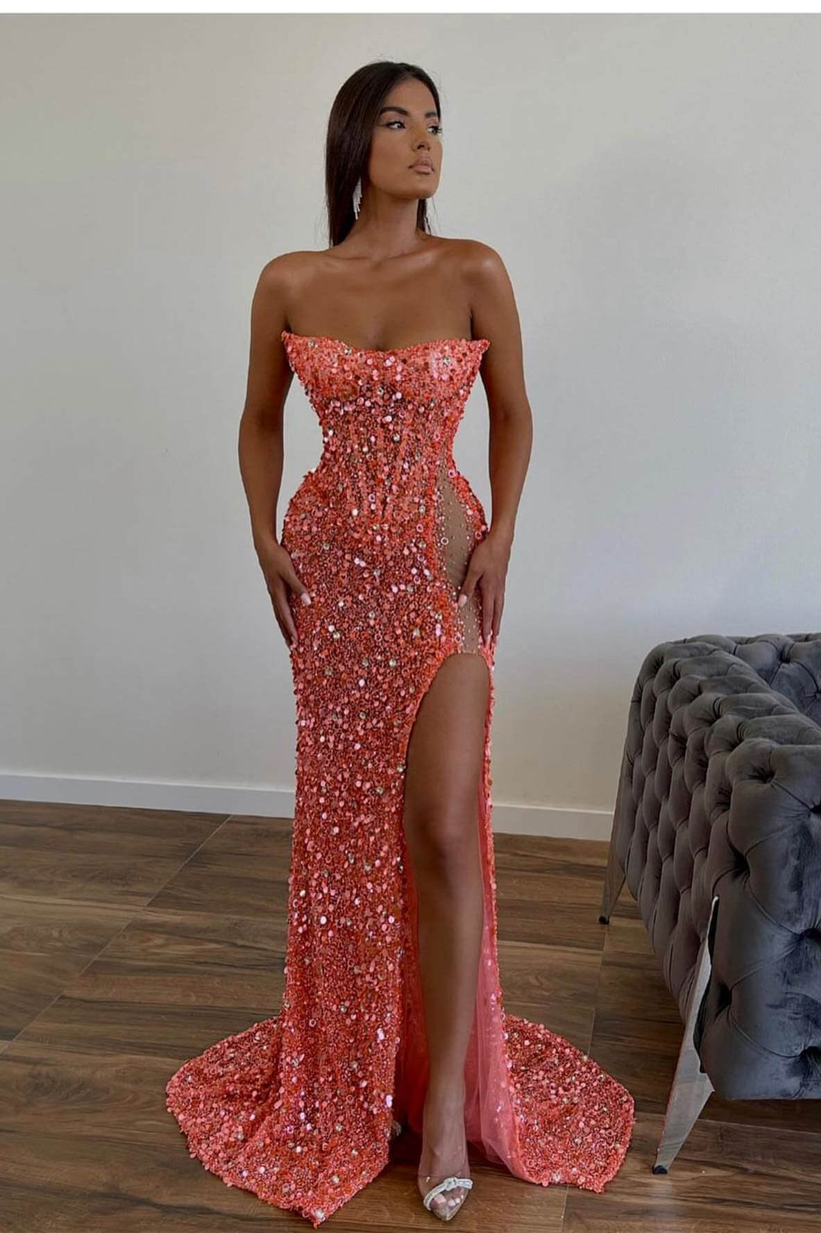 Orange Gorgeous Sequins Mermaid Sweetheart Prom Dress with Split and Sleeveless | Ballbella