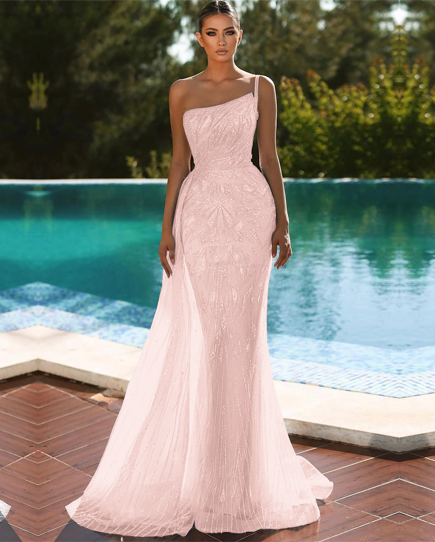 Sky Blue One-Shoulder Tulle Mermaid Evening Dress with Sequins and Beadings | Ballbella
