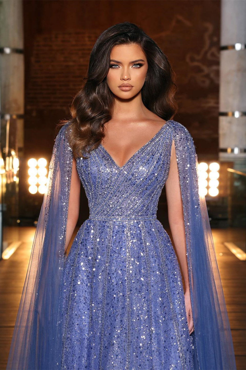 Pretty Royal Blue Tulle Long Evening Dress with Beadings, Sequins, and Ruffles | Ballbella