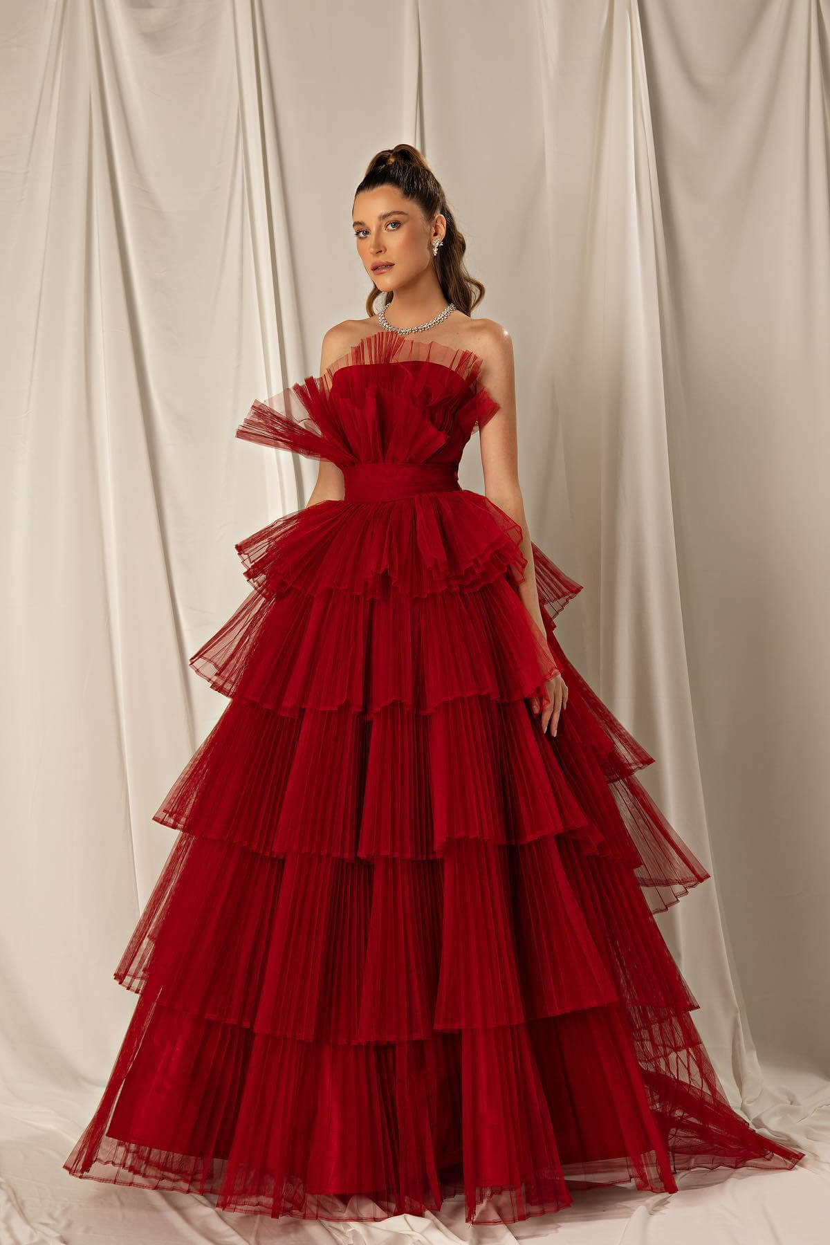 Strapless Burgundy Mermaid Sleeveless Layered Evening Dress, Online | Ballbella