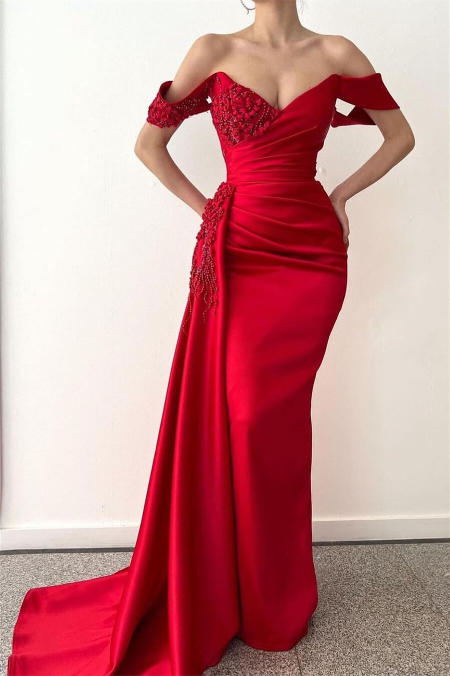 Red Beaded V-Neck Off-the-Shoulder Mermaid Prom Dress with Long Ruffles | Ballbella