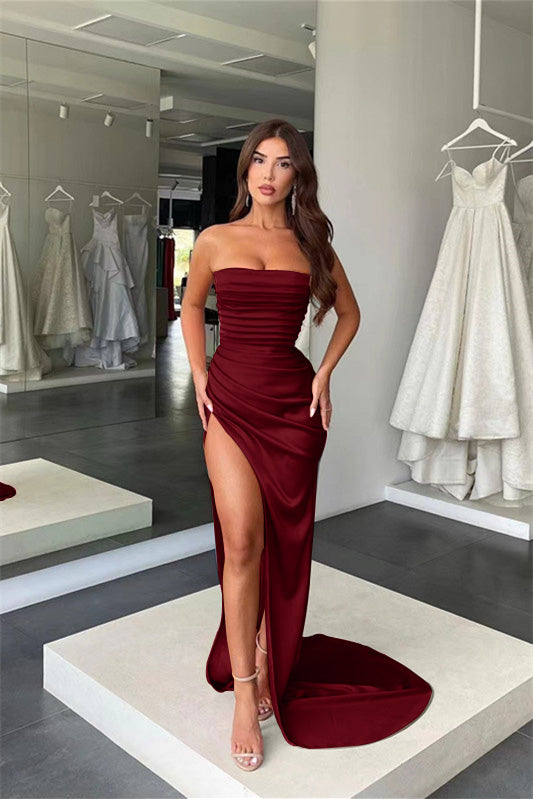 Amazing Coral Strapless Mermaid Prom Dress with Split and Pleats | Ballbella