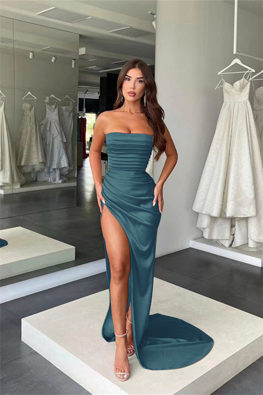 Amazing Coral Strapless Mermaid Prom Dress with Split and Pleats | Ballbella