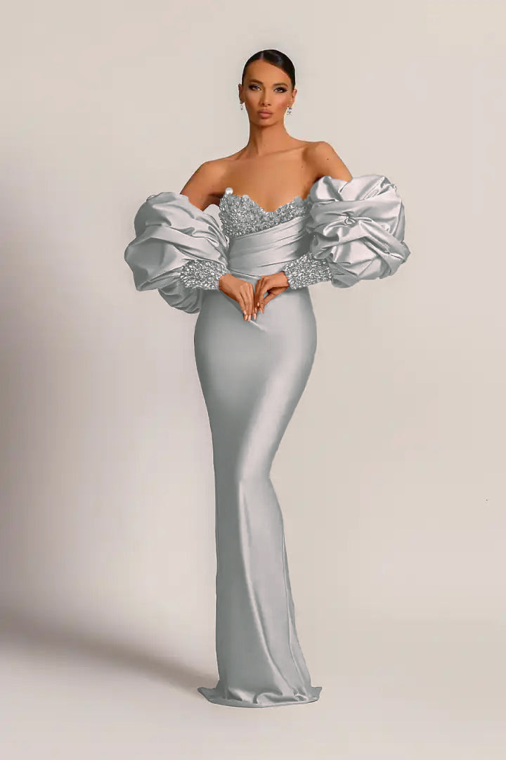Purple Long-Sleeve Beaded Mermaid Evening Dress with Sequins | Ballbella