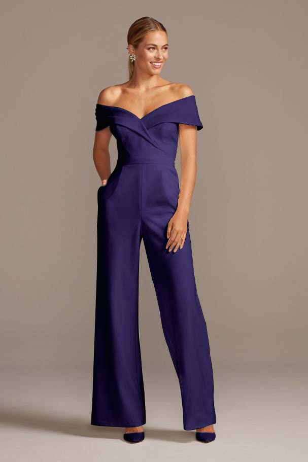 White Cuffed Off-the-Shoulder Stretch Crepe Jumpsuit | Ballbella