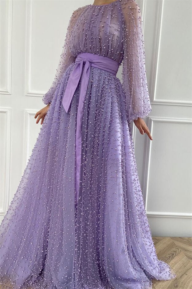 Pearls Lilac Mermaid Beaded Jewel Evening Dress with Belt | Ballbella